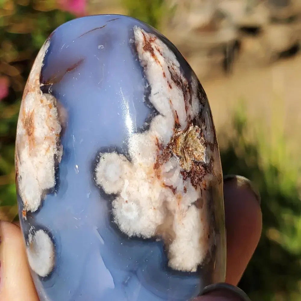 Blue Flower Blossom Agate Translucent Palmstone Crystal 66 grams